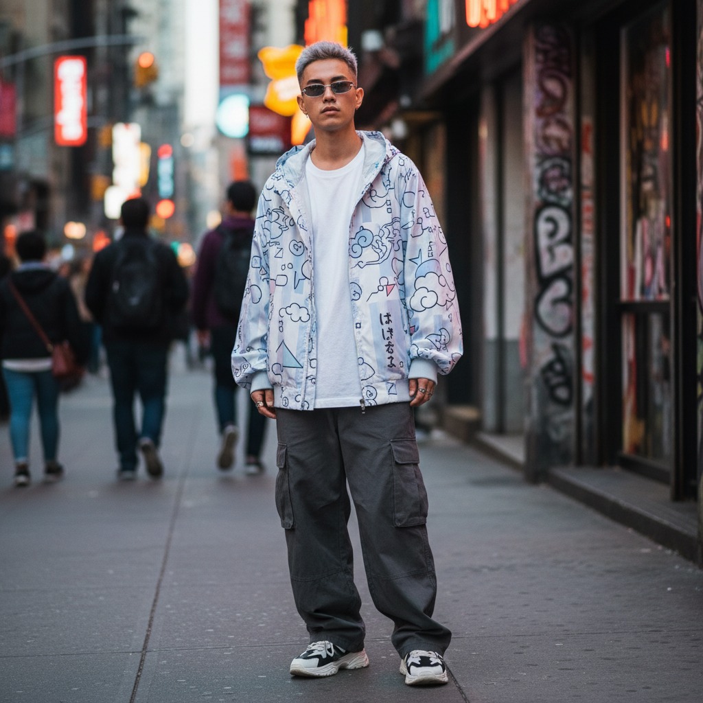 A young man wearing a printed zip-up jacket, white t-shirt, and cargo pants stands on a busy city sidewalk.